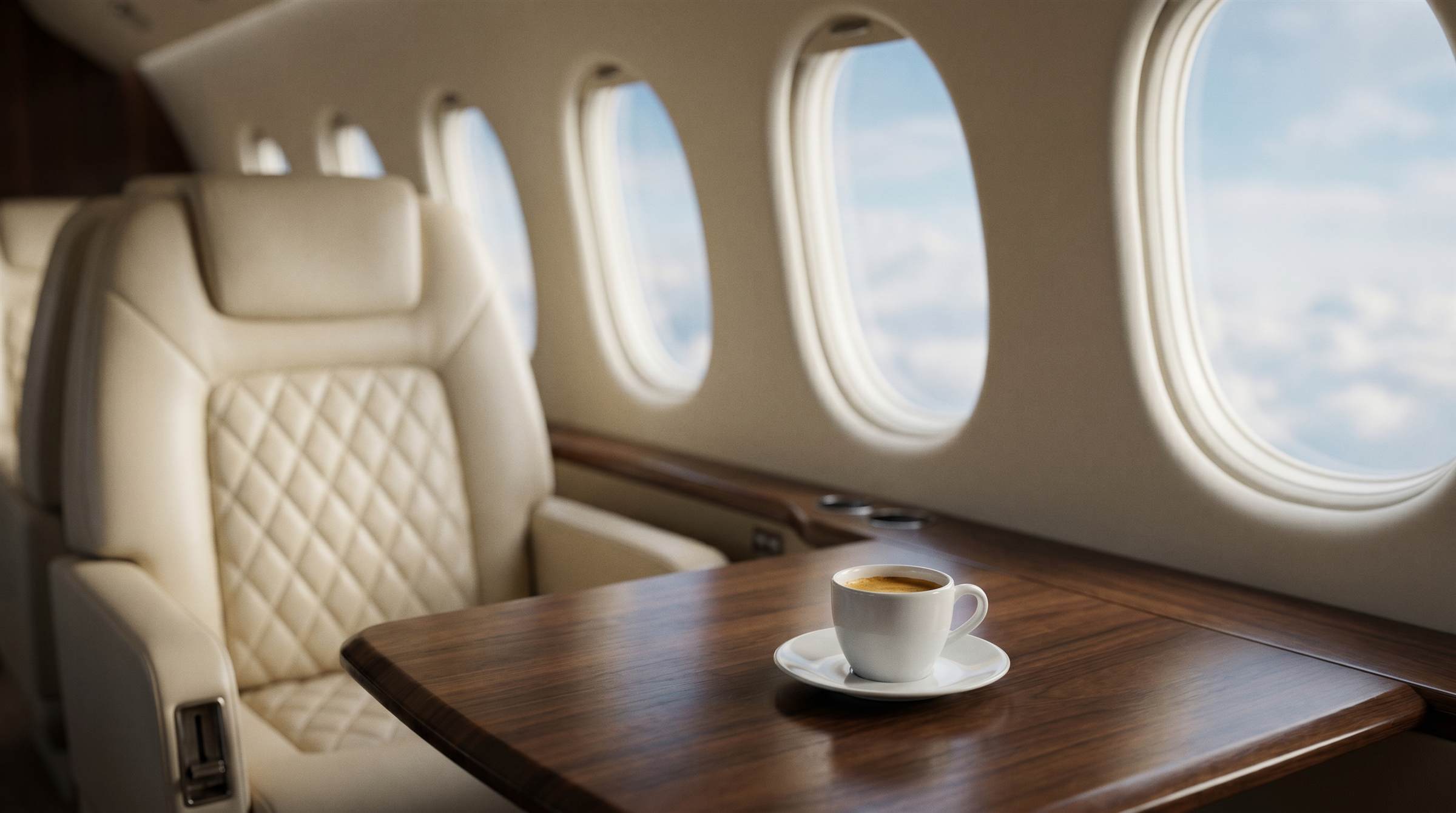 Spacious private jet cabin with cream leather seats
