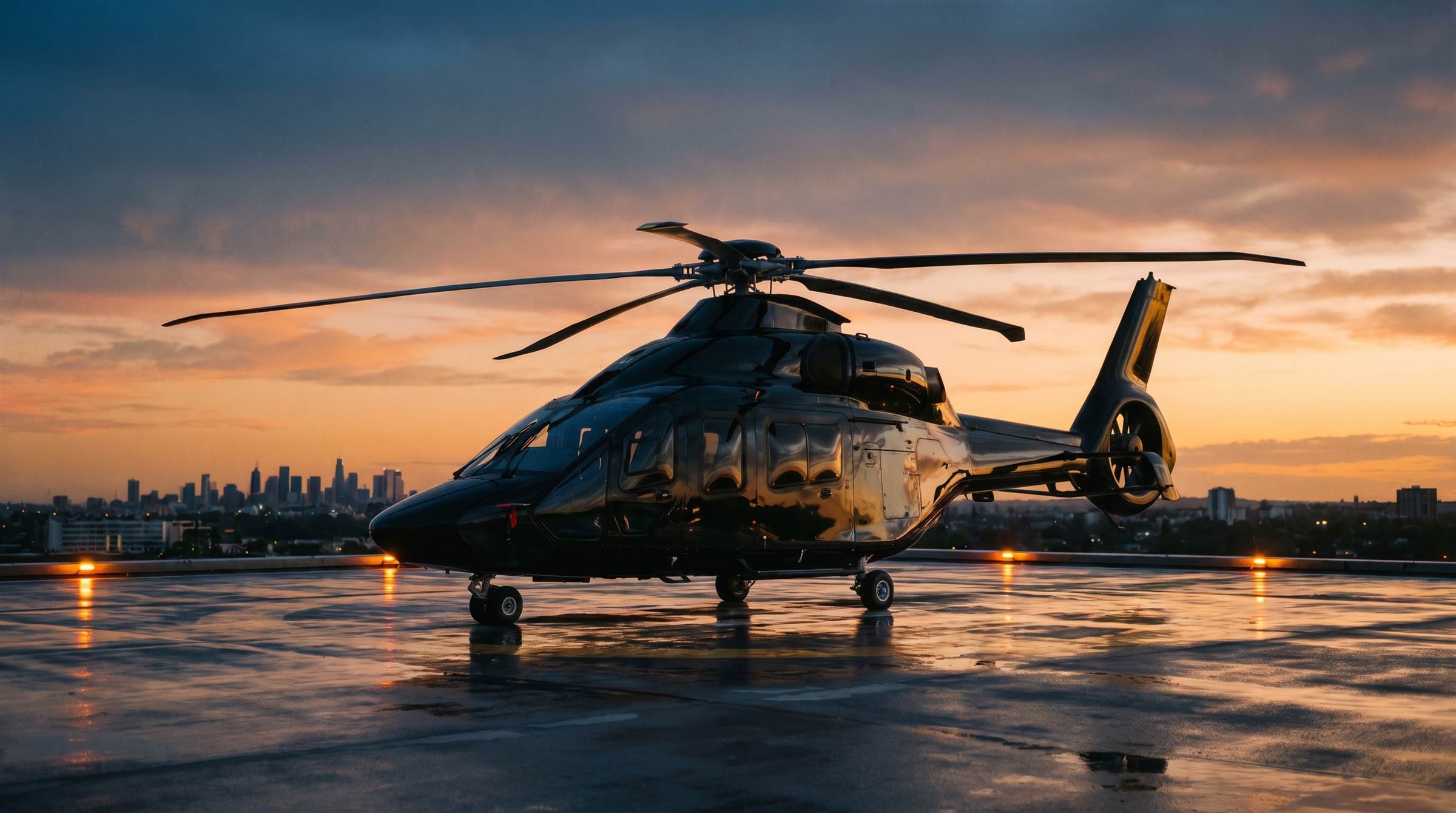Black executive helicopter on a rooftop helipad at dusk