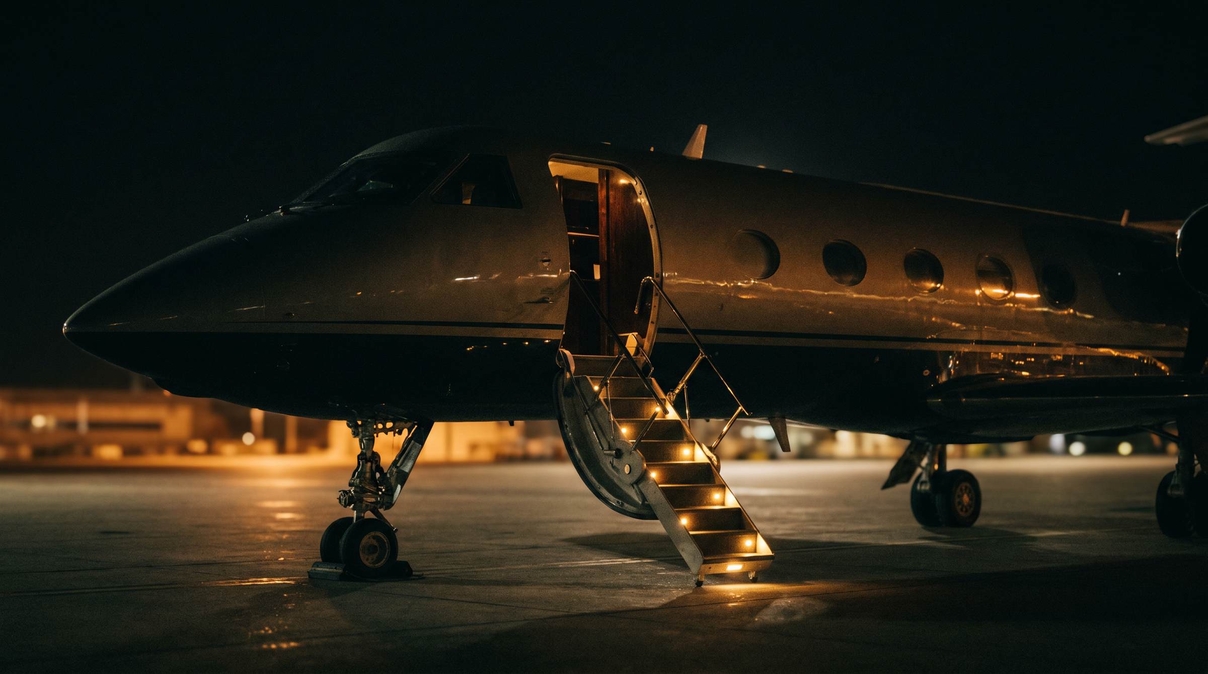 Lit boarding stairs of a private jet at night