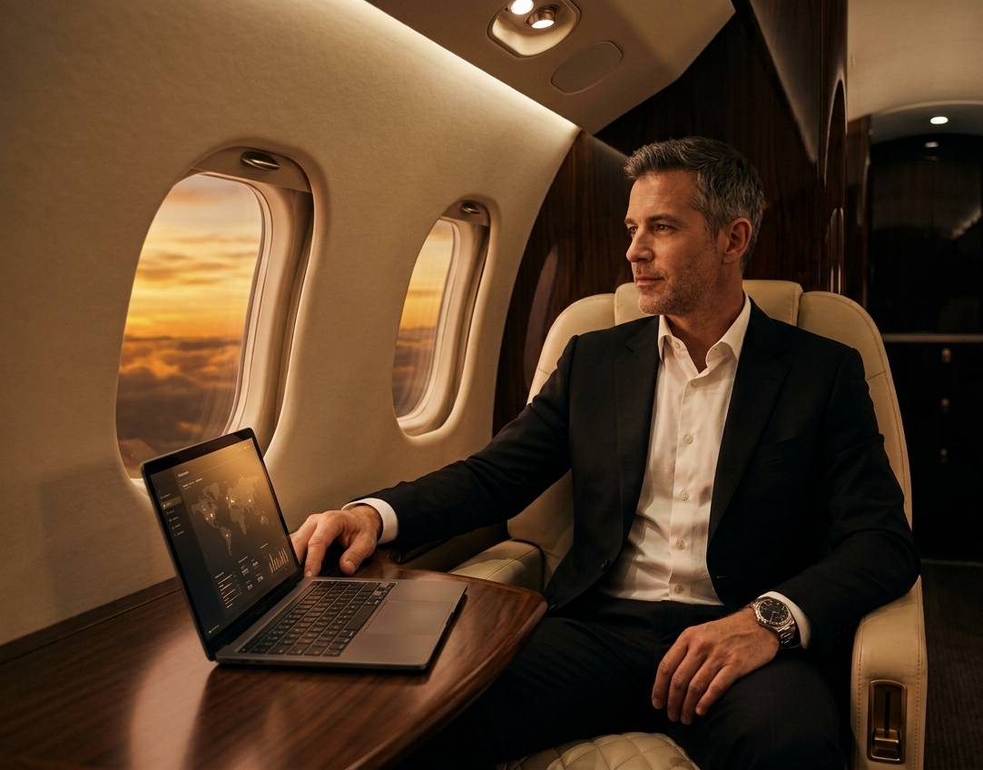 Businessman in a dark tailored suit working on a laptop aboard a private jet at sunset